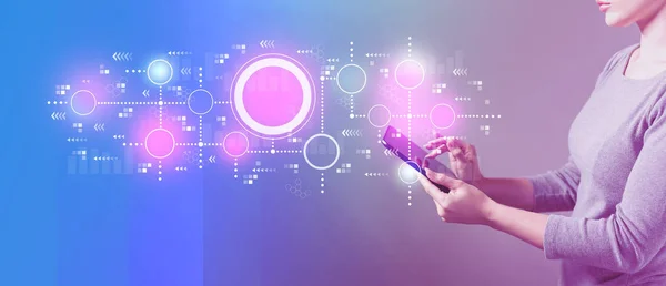 Connected circles chart with woman using a tablet — Stock Photo, Image