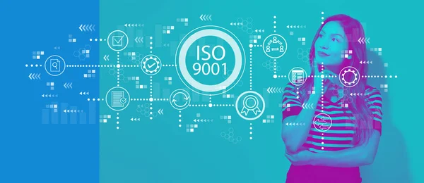 Iso 9001 mit junger Geschäftsfrau — Stockfoto