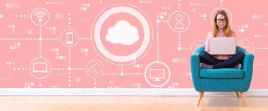 Laptop kullanan bir kadınla bulut hesaplama