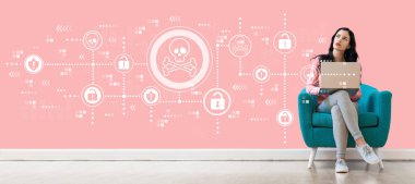 Bilgisayarı kullanan bir kadınla virüs ve dolandırıcılık teması