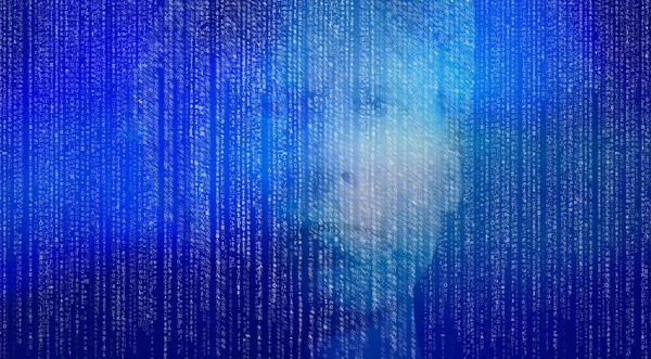 Abstrakta Matrix Digitala Siffror Artificiell Intelligens Tema Med Mänskligt Ansikte — Stockfoto