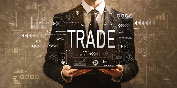 Kereskedelem, gazdaság, egy tabletta számítógép üzletember — Stock Fotó