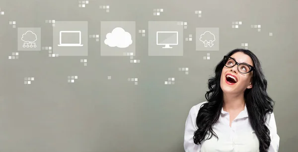 Cloud computing with young businesswoman — Stock Photo, Image