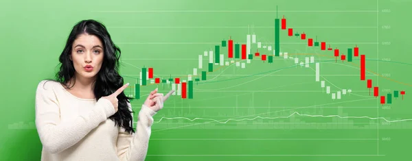 Gráfico de velas do mercado de ações com mulher jovem — Fotografia de Stock