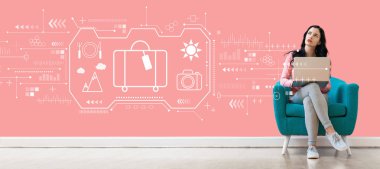 Bir dizüstü bilgisayar kullanarak kadın ile seyahat teması