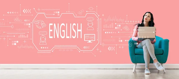 Dizüstü bilgisayar kullanan bir kadınla İngilizce kavramı — Stok fotoğraf