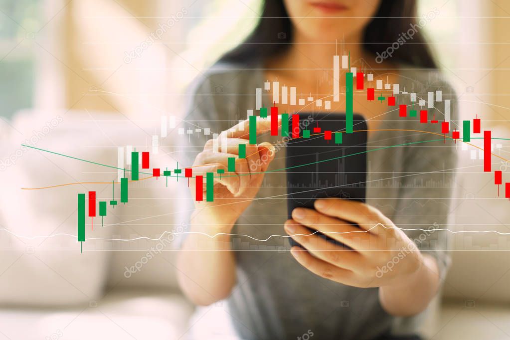 Stock market candle chart with woman using a smartphone