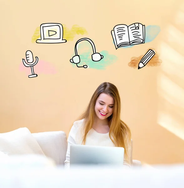 E-Learning illustration with woman using laptop
