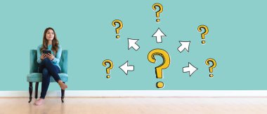 Genç kadınla oklarla irili ufaklı soru işaretleri