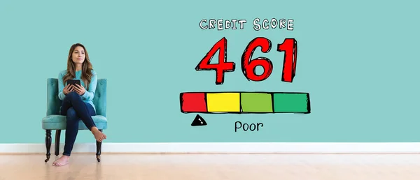 Poor credit score theme with young woman — Stock Photo, Image