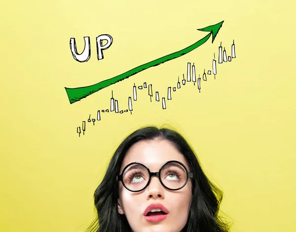 Market up trend chart with young woman