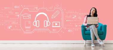 Dizüstü bilgisayar kullanan bir kadınla e-öğrenme kavramı