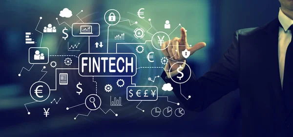 Temat FinTech z biznesmenem — Zdjęcie stockowe