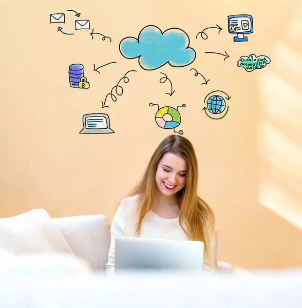 Cloud computing con donna utilizzando laptop — Foto Stock