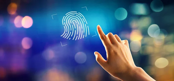 Fingerprint scanning theme  with hand pressing a button — Stock Photo, Image