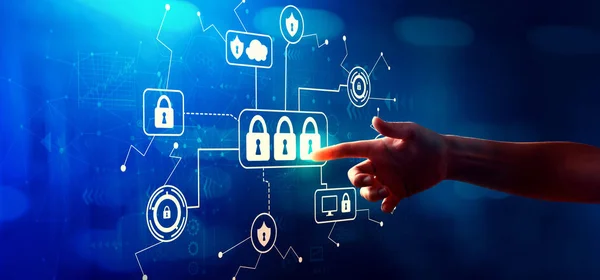 Cyber security tema med handen trycker på en knapp — Stockfoto
