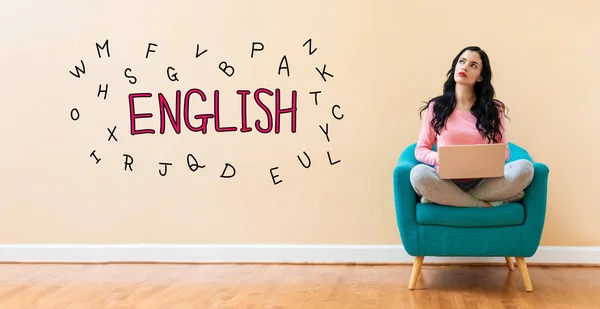 Leren Engels thema met vrouw met behulp van een laptop — Stockfoto