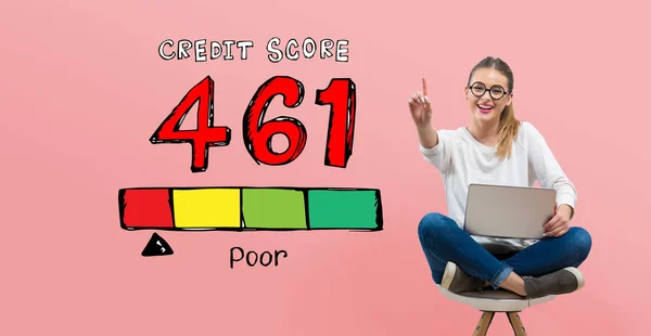 Poor credit score theme with young woman — Stock Photo, Image