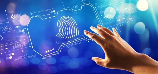 Fingerprint scanning theme  with hand pressing a button — Stock Photo, Image