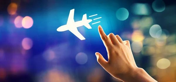 Uçak seyahat Tema bir düğmeye basarak el ile — Stok fotoğraf