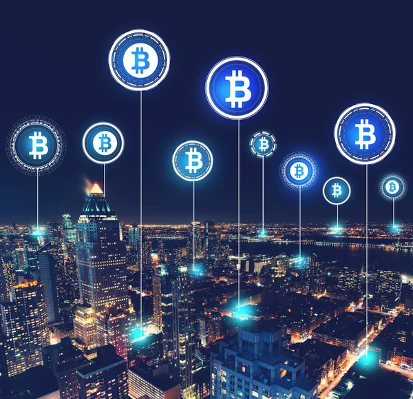 Bitcoin thema met luchtfoto van Manhattan — Stockfoto