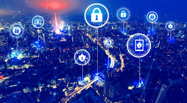 Cyber security theme with aerial view of Tokyo — Stock Photo, Image