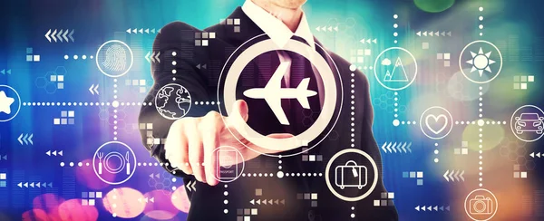 Airplane travel theme with a businessman — Stock Photo, Image