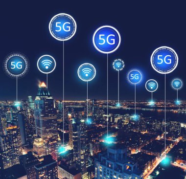 5g ağ ile Manhattan'ın havadan görünümü