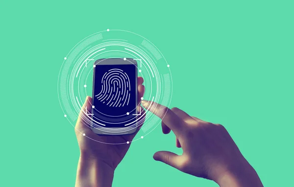 Fingerprint scanning theme with smartphone — Stock Photo, Image