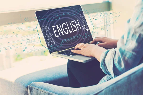 Concetto inglese con donna utilizzando laptop — Foto Stock