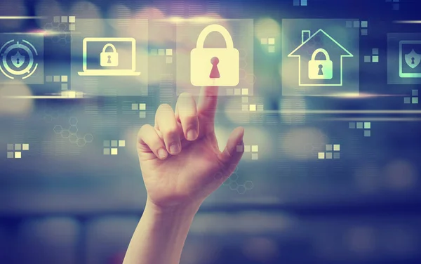 Cybersecurity thema met de hand op een knop — Stockfoto