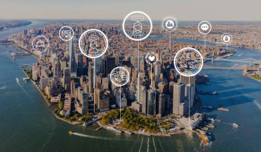 Manhattan 'ın havadan görünümüne sahip sosyal medya teması