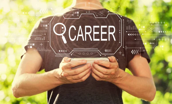 Searching career theme with man holding his smartphone — Stock Photo, Image