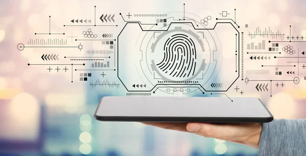 Fingerprint scanning theme with tablet computer — Stock Photo, Image