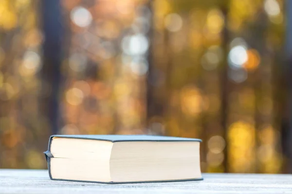 Gran libro de tapa dura sobre un fondo forestal — Foto de Stock