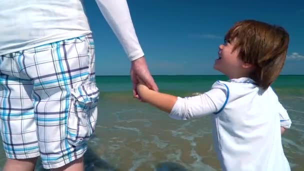 Peuter houden handen met zijn vader aan de kust — Stockvideo