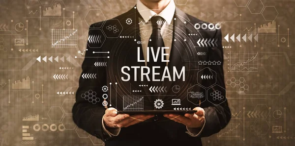 Live stream with businessman holding a tablet computer — Stock Photo, Image