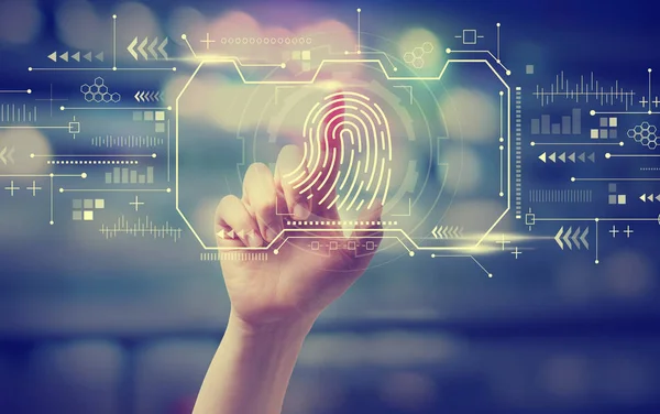 Fingerprint scanning theme with hand pressing a button — Stock Photo, Image