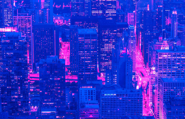 Chicago cityscape skyscrapers at night aerial view synth wave style