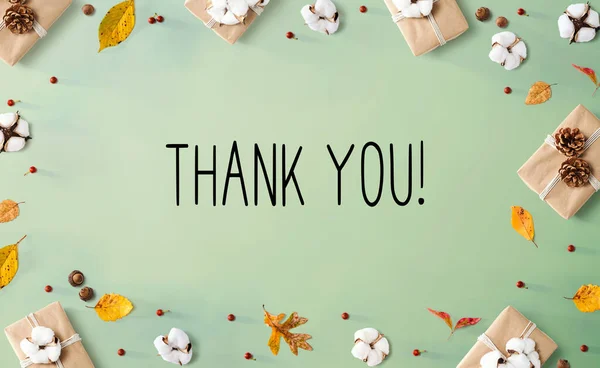 Thank you message with gift boxes with leaves — Stock Photo, Image