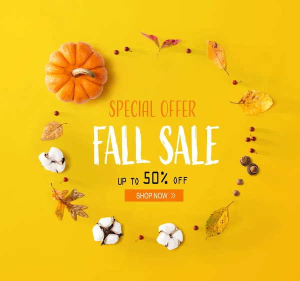 Fall sale banner with autumn leaves and orange pumpkin
