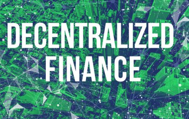 Decentralized Finance theme with abstract network patterns and Manhattan skyscrapers clipart