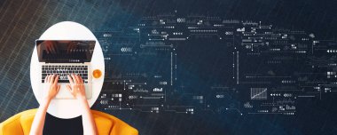 Bilgisayarı kullanan kişi ile teknoloji ekranı