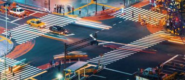 İnsanlar ve trafik, Shibuya, Tokyo ve Japonya 'daki meşhur kesişme noktasından geçiyor.
