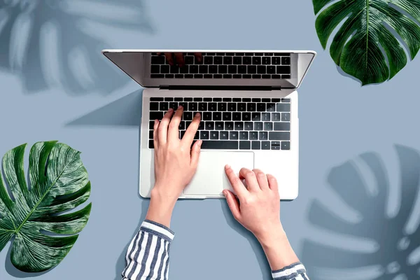 Personne utilisant un ordinateur portable avec des feuilles tropicales — Photo