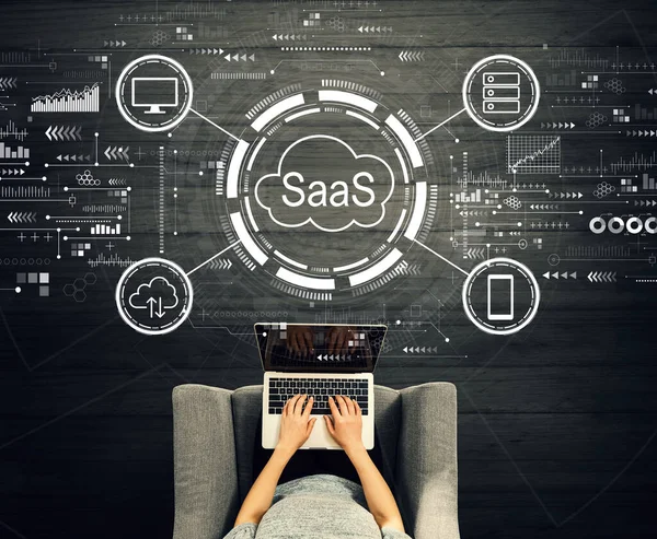 SaaS - mjukvara som ett servicekoncept med en bärbar dator — Stockfoto