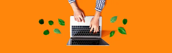 Laptopot használó személy zöld levelekkel — Stock Fotó