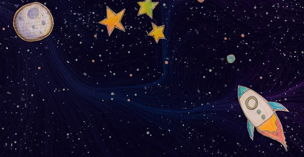 Weltraum-Hintergrund mit Sternen und Rakete — Stockfoto