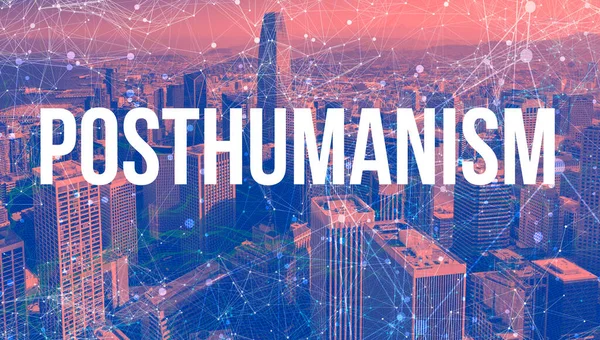 Thema Posthumanismus mit abstrakten Netzwerkmustern und Wolkenkratzern — Stockfoto