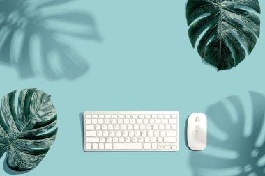 Tropikal yaprakları ve gölgesi olan bilgisayar klavyesi